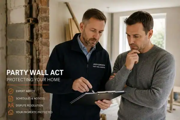 Party wall surveyor Weymouth discussing extension plans with homeowner outside a UK semi-detached house.